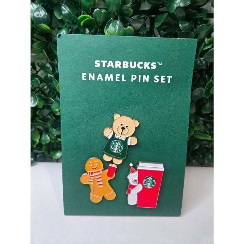 This is a 2025 Starbucks Holiday Christmas 3 Piece Enamel Pin Set.
